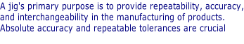 A jig's primary purpose is to provide repeatability, accuracy, and interchangeability in the manufacturing of products.  Absolute accuracy and repeatable tolerances are crucial